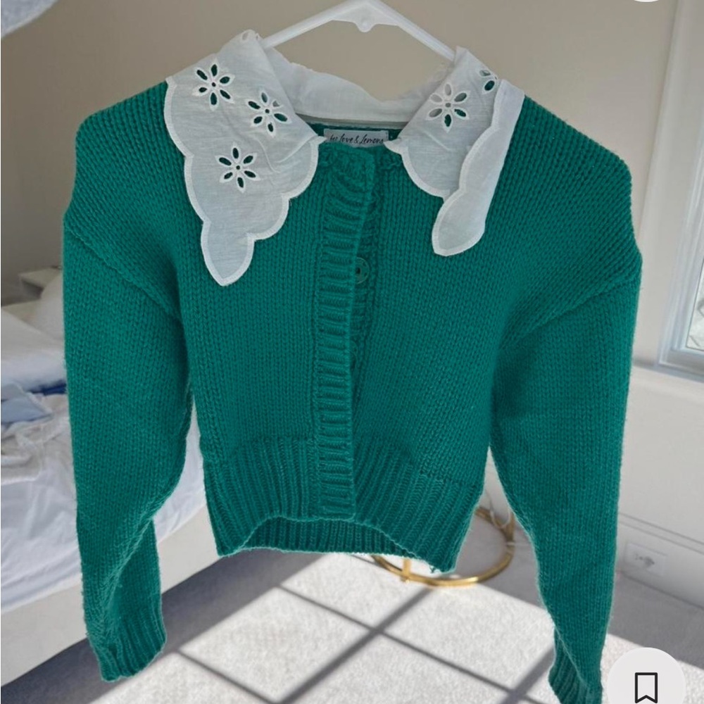 For Love & Lemons Green Cropped Sweater with White Collar